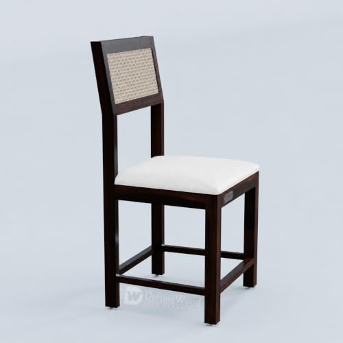 Image of DRIFTINGWOOD Amber Solid Sheesham Wood 6 Seater Dining Table Set with Rattan Back Chairs | White Rexine Upholstered Seating for Home & Dining Room (Walnut Finish, DIY)