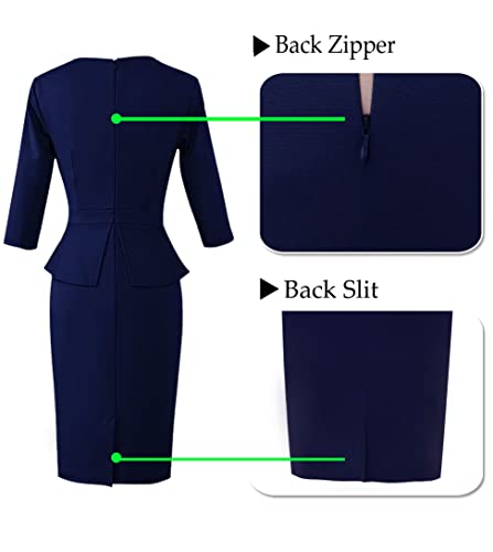 Image of VFSHOW Womens Pleated Crew Neck Peplum Slim Work Business Dress Elegant 3 /4 Sleeves Office Church Bodycon Pencil Sheath Dress