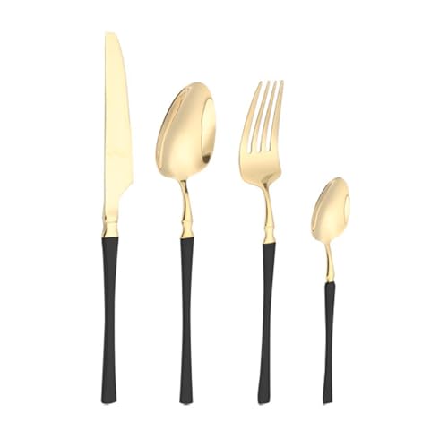 Small Waist Handle Kitchen Stainless Steel Silverware Tableware Flatware Cutlery Set Steak Knife Fork Spoon Teaspoon (Golden black,4 pieces)