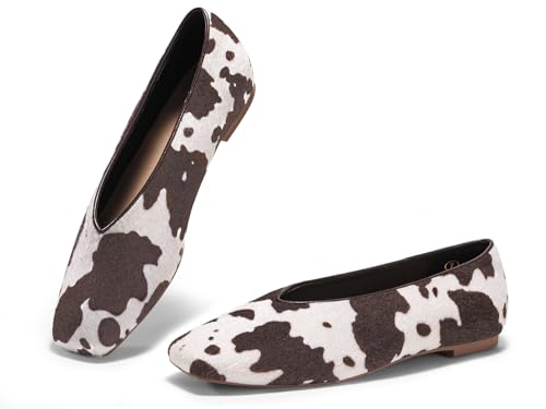 Coutgo Womens Ballet Flats Comfortable Closed Square Toe Flats Slip On Suede Work Dress Shoes, Cow Print Coffee, Size 8.5 by Coutgo - Used condition - US$26.89