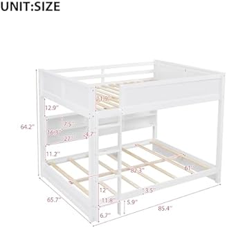 DNChuan Queen Over Queen Bunk Bed with Storage and USB Ports,Wooden Bunker Bed Frame and Underneath Bookshelf,No Box Spring Needed,Kids,Adults-White