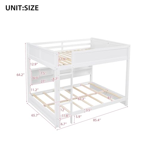 Queen Over Queen Bunk Bed for Kids/Adults,Queen Size Bunk Beds with Charging Station and Bookcase,Solid Wood Bunk Beds Queen Over Queen for Girls,Boys,White