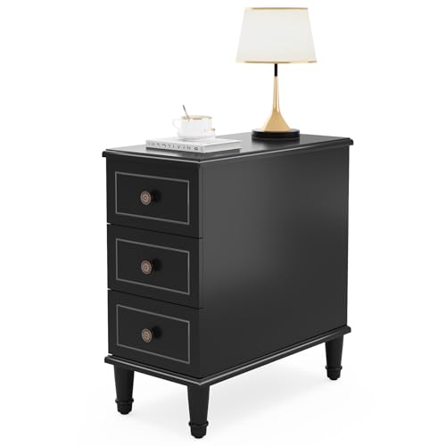 Tribesigns Solid Wood End Table, Fully Assembled Narrow Side Table with Drawers, Pre-Assembled Nightstand Slim Bedside Table for Small Spaces, Living Room, Bedroom, Black
