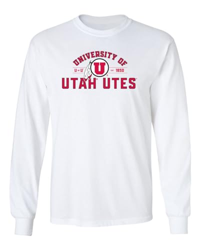 CornBorn Utah Utes Mens Tshirt - Long Sleeve U of U Arch with Circle Feather Logo - White - XL