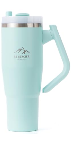 Le Glacier Thurston Tumbler – 40oz Stainless Steel Insulated Travel Cup with Handle & Straw Lid, Double-Wall Vacuum with All-in-One Rotational Handle & Retractable Straw for Hot & Cold Drinks (Teal)