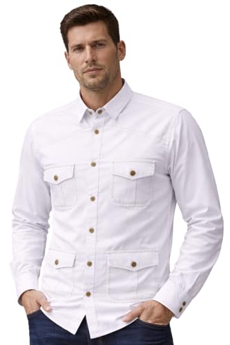 Image of LATEST CHIKAN Men's White Safari Overshirt | Full Sleeve Button-Up with 4 Pockets & Contrast Stitching | Breathable Cotton Casual Wear |