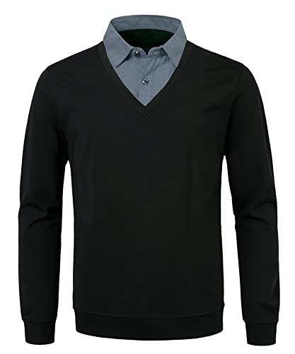Yukirtiq Pull Homme à Col en V Pull-Over avec Empiècement col Chemise Slim Fit Sweat Manche Longue Casual Aotonne Hiver Cover