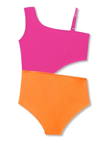 Image of Dvenki Big Girls Asymmetric Cutout Swimsuit Adjustable Straps Sizes 6X-16 | color block, leopard, tropical prints, front lined swimwear, removable pads, suitable for beach, vacation, pool play