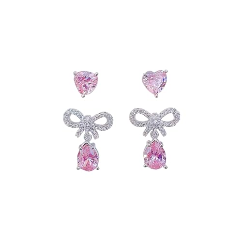 ASHMITA Pink Heart-shaped Zircon earrings Crystal drill bow earrings Pink Water drop Silver earrings set Peach heart Dangle Drop Earrings Jewelry for Women Girls