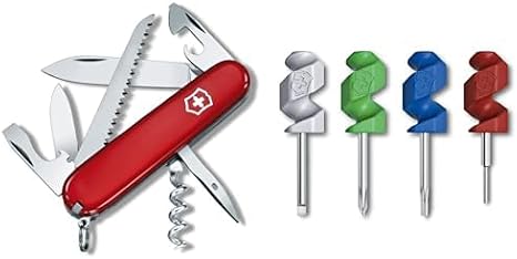 Bundle of Victorinox Camper Swiss Army Knife, 13 Functions, Swiss Made Pocket Knife with Large Blade, Screwdriver, Tweezers and Key Ring - Red + Victorinox Mini-Tools 4 Pieces