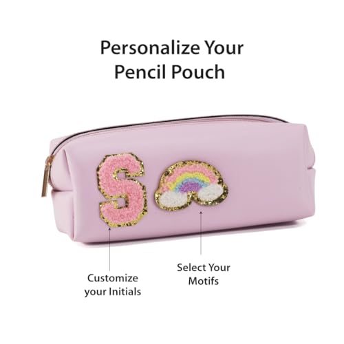 Image of AICA Gifts Personalized Leather Pencil Pouch (Purple) with Embroidered Alphabet & Patch | Pencil Pouch for Kids | Birthday Gift | Birthday Return Gift |Gift for Kids Age 6-10