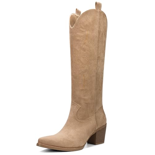 Cowboy Boots for Women Knee High Boots Pointy Toe Suede Boots with Embroidered Chunky Heel Western Cowgirl Boots