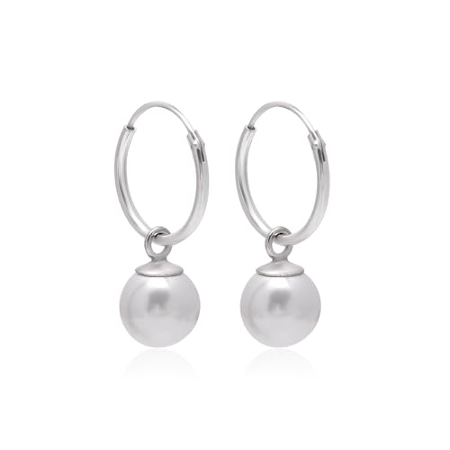 Image of Abhooshan Pure 92.5 Sterling Silver 12mm Hoop Earrings with 8mm hanging White Pearl Designer Drop Stylish Trendy Light weighted Earrings. Best Gift for Wife Mother Daughter Sister Girlfriend Anniversary Marriage Birthday