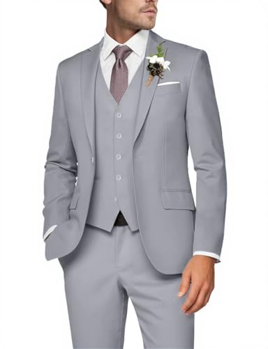 Mens 3 Piece Suit Set,Slim Fit Suits for Men,Solid Jacket,Vest,Pants Tuxedo Gray XXL