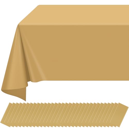 Image of 32 Pack Gold Plastic Tablecloth for Rectangle Tables, Premium Decorative Gold Disposable Table Cloths for Parties, Bulk Rectangle Party Table Cover for Birthday, Wedding, Anniversary, 54 x 108 Inch
