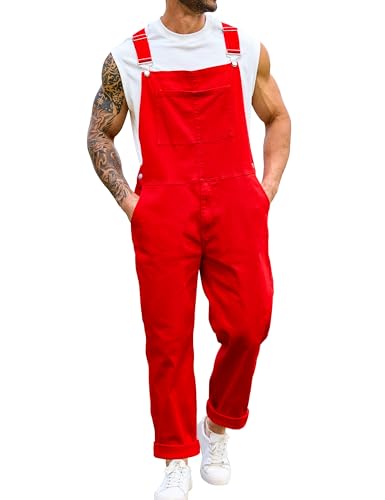 Bindefon Overalls for Men Work Jumpsuits Stretchy Rompers Bibs Coveralls Overol Para Hombre(Red XL)
