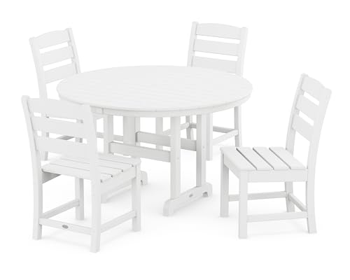 POLYWOOD Lakeside 5-Piece Outdoor Dining Set, Recycled HDPE Plastic Patio Furniture, Bistro Table and 4 Chairs, All-Weather Fade Proof, White, Made in USA