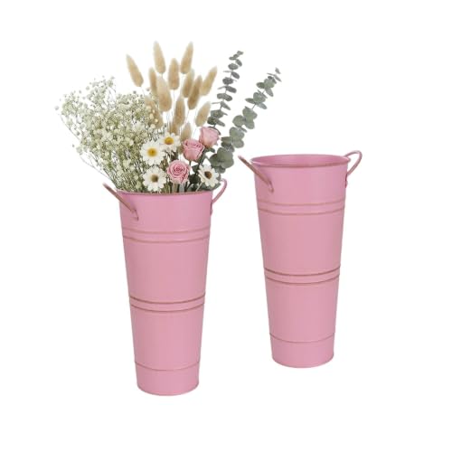 9 Inch Galvanized Flower Bucket 2 Pack Tabletop Vases for Dried Flowers