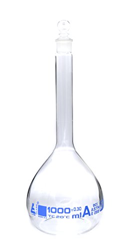 Volumetric Flask, 1000Ml - Class A, Astm - Tolerance ±0.300 Ml - Glass Stopper - Single, Blue Graduation - Eisco Labs #TOP9