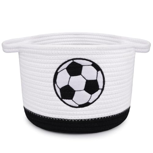 Hkojewp Soccer Woven Basket- Small Cotton Rope Gift Basket with Embroidered Football Empty Oval Nursery Storage Decorative Bin with Handles Baby Shower Organizer Storage Soccer Holder 9D x 7H in
