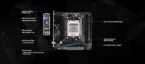 ASRock A620I Lightning WiFi AMD AM5 Mini-ITX Motherboard, Supports AMD Ryzen 9000/8000/7000 Series Processors, DDR5 7200+ (OC), PCIe 4.0, 2.5G LAN, WiFi 6E, 8+2+1 Power Phase
