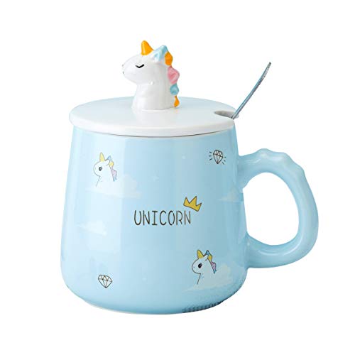 UPSTYLE 12oz Blue Cute Unicorn Ceramic Coffee Mug with Lid and Spoon Novelty Funny Cartoon Animals Tumbler the Office Travel Tea Cup To Go for Men and Wonmen (12oz/355ml Blue Unicorn)