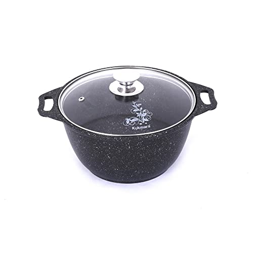 Aluminum Wok Cooking Pot Non-Stick Pot with Glass Lid (dark marble) Camping Cookware Dutch Oven Kitchen Pot 2.1-qt. (2 L)