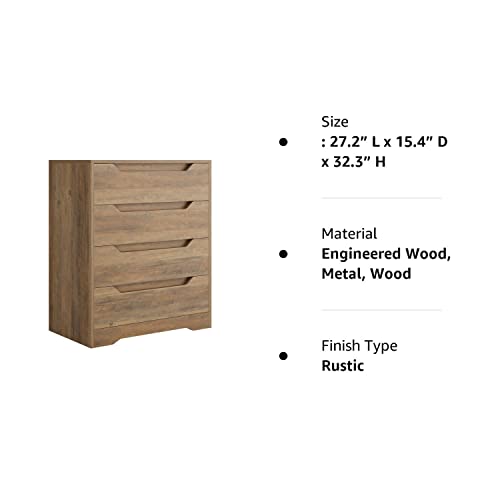 Urkno Modern 4 Drawer Dresser, Wood Chest Of Drawers With Storage, Clothing Organizer With Cut-Out Handle, Storage Cabinet, Nightstand For Living Room, Bedroom, Hallway, Rustic Brown #TOP7