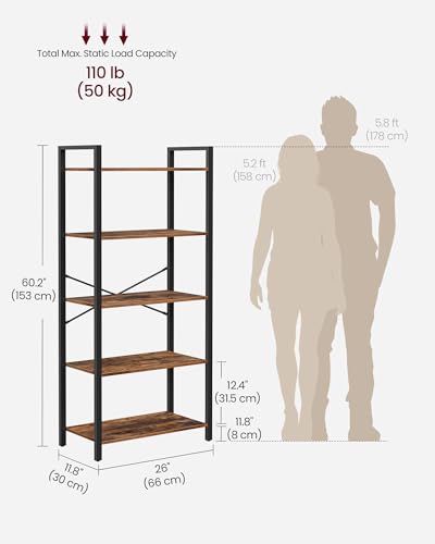 VASAGLE 5-Tier Bookshelf, Bookcase, Shelving Unit, for Office, Study, Living Room, Bedroom, 30 x 66 x 153 cm, Industrial, Rustic Brown and Ink Black LLS061B01