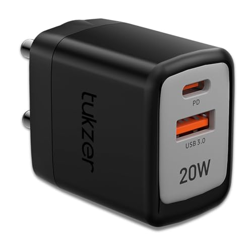 Image of Tukzer 20W Dual Port GaN3 Ultra 2X Faster Charger(Type C PD3.0 & USB QC3.0) Adapter for iPhone 16 /16 Plus /16 Pro /16 Pro Max, iPhone 15 /15 Plus /15 Pro /Max, 14 /13 /12 Series, Samsung, MacBook,Laptops-BLK