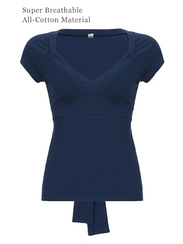Xineicy Deep V Neck Tops for Women Tie Back Strappy Bow Short Sleeve T Shirt Low Cut Cleavage Summer Tops3