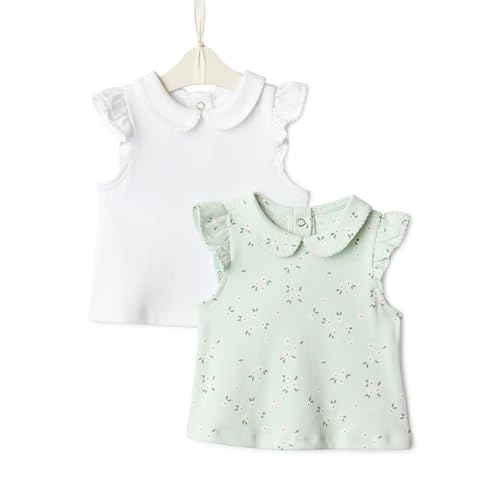 Amazon Essentials x Sofia Grainge Girls' Cotton Short Sleeve Blouses with Ruffles, White/Ditsy Floral, 3T