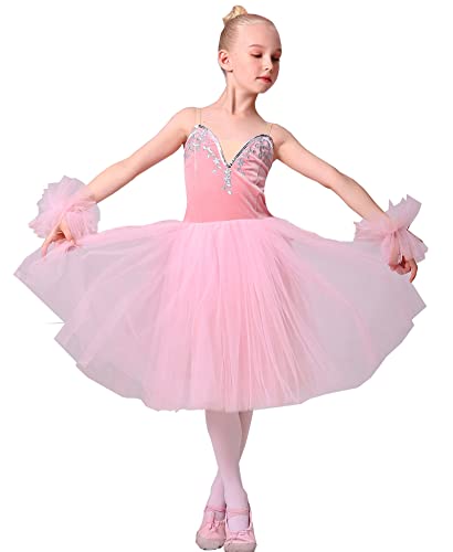 ORIDOOR Girls' Camisole Skirted Leotards Swan Dance Performance Costumes Sequin Lace Ballet Dress Tutu Skirt 130 Pink 8-9 Years