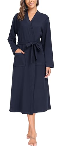 Sopesil Peignoir en Coton Pour Femme,Kimono Femme Nuit avec Col en V Longues Manches Robe de Nuit Femme avec Poches, Bleu Marine,XXL