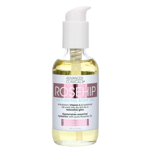 Advanced Clinicals Rosehip Body Oil. Anti-Aging oil with Vitamin A for neck, decollete, sun damaged, dry skin. 3.8 oz.