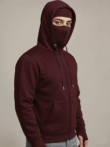 Image of ADRO Men Balaclava Hoodies | 320 GSM Soft Cotton Zipper Hoodie | Thumb-Hole Cuff Gloves | Travel Jacket with Hood | Winter Sweatshirt