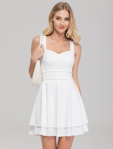 Image of IWD Women's Square Neck Sleeveless Mini Dress Ruched Waist Tiered Ruffle Hem A Line Short Dresses