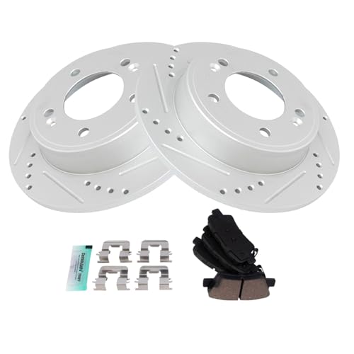Image of TRQ Performance Rear Brake Pad and Rotor Set Ceramic Coated Drilled Slotted Rotors Compatible with 2019 Hyundai Veloster 2019-2022 Kia Forte