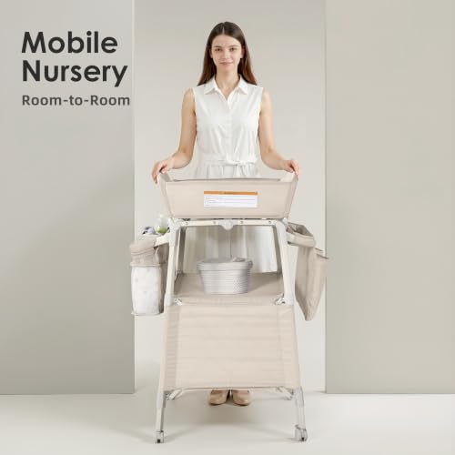 Image of Sweeby Portable Baby Changing Table, Foldable Diaper Changing Station with Waterproof Pad, Mobile Nursery Organizer for Infant & Newborn Essentials, Beige, Gen 2
