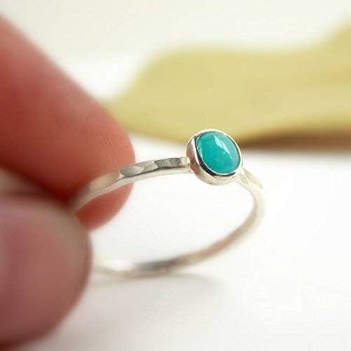 Amazonite Hammered Band Stacking Ring – 925 Sterling Silver Stacking Ring with 4mm Blue Green Cabochon Stone – Stackable Ring With Hammer Texture