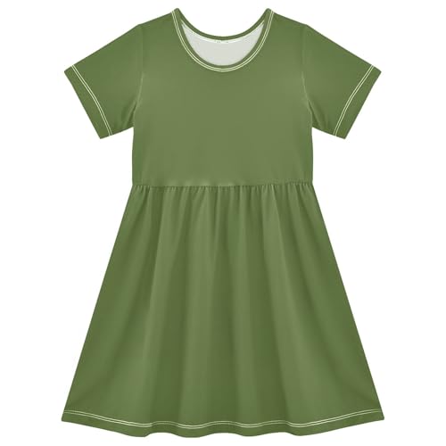 Dark Olive Green Toddler Girl Dress Summer Short Sleeve A-Line UPF50+ Casual Sundress for Girls 2T-8T Playwear Outfits