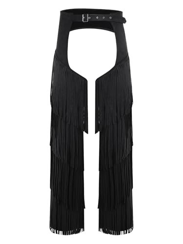 Men's Cowboy Western Open Crotch Pants Layered Fringe Motorcycle Trouser for Raves Themed Parties