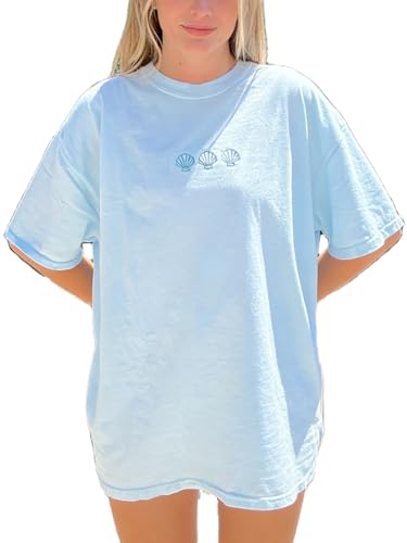 Cute Vintage Embroidered Seashell Oversized Graphic Tshirts California Beach Aesthetic Mini Shell Tees Preppy Summer Tops for Women Teen Girl Clothes