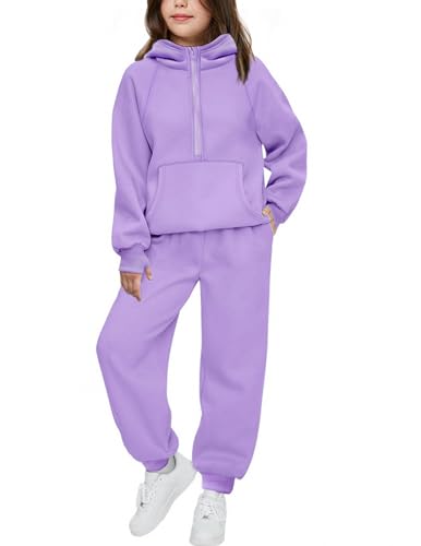 Image of Arshiner Girls 2 Piece Outfits Sweatsuit Half Zip Sweatshirt and Sweatpants | Fall Winter, Drop Shoulder Long Sleeve, Thumbhole Hoodies, with Sweatpant, Jogger Set, Sweat Set, Tracksuits with Pockets
