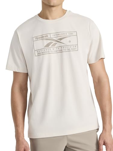 Reebok Men’s Locker Graphic Crewneck T-Shirt, Standard Fit, Lightweight Cotton-Poly Fabric, Pumice Stone, Small