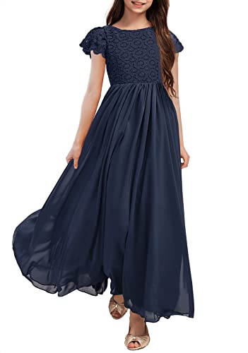 HOSIKA Girls Vintage Chiffon Ruffle Sleeve A-Line Wedding Party Maxi Junior Bridesmaid Dress for Kids 6-12 Years