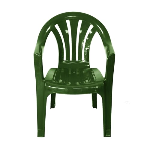 Plastic Garden Chairs - GREEN Single Chair - Stackable with Woven Detail Low Back Design - Indoor or Outdoor Use - Suitable for Patio Parties Picnics or Camping.