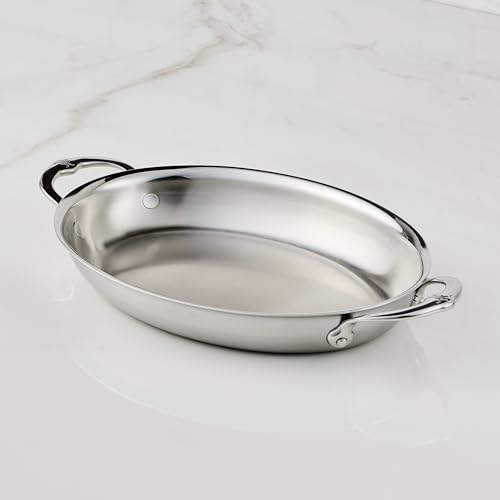 Image of Hestan Provisions Oval Au Gratin Baking Dish, 2 Quart Clad Stainless Steel, 12.5 x 9 Inch - Oven Safe 600F, Kitchen to Table Serving, Designed with Thomas Keller