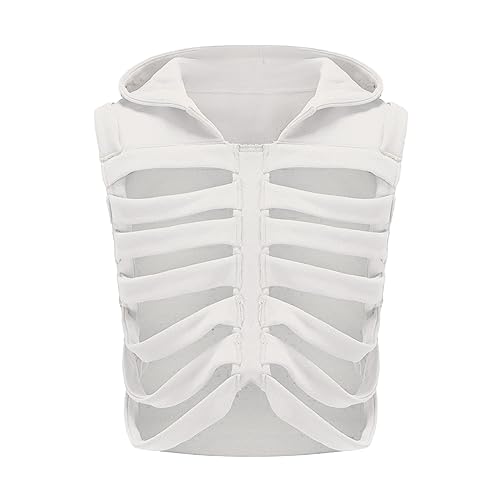 Skeleton Hoodie Vest for Women Men Sleeveless Hooded Waistcoat Crop Top Goth Grunge Punk Y2K Hollow Out Tank Tops - Main Image