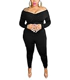 Ophestin Womens Plus Size Sexy Off Shoulder Solid Color Ruched Bodycon Jumpsuits Black 4XL